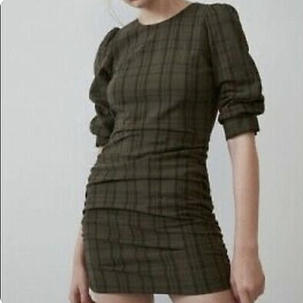 Zara Plaid Ruched Mini Dress Green Grey Sz Small